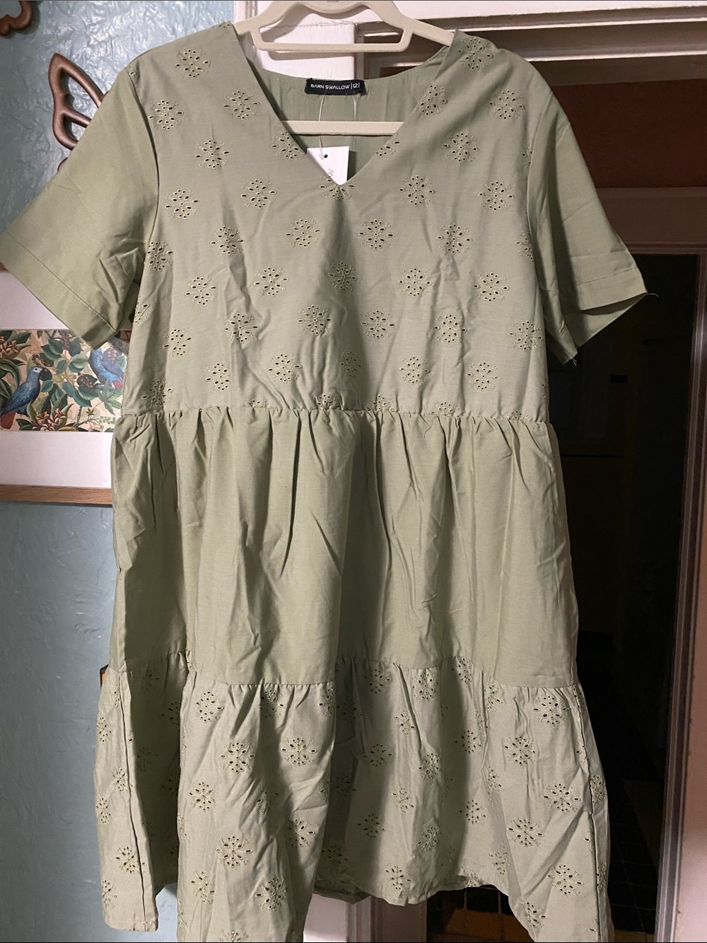 Girls' Light Sage Eyelet Tiered Cotton Dress by